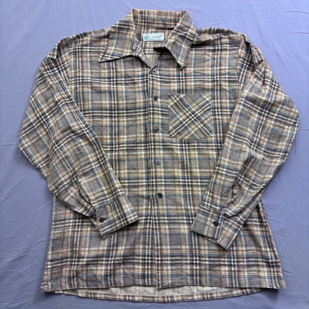 Vintage 70s Kmart Permanent Press Plaid Flannel Shirt Mens Large Brown Blue USA‎
